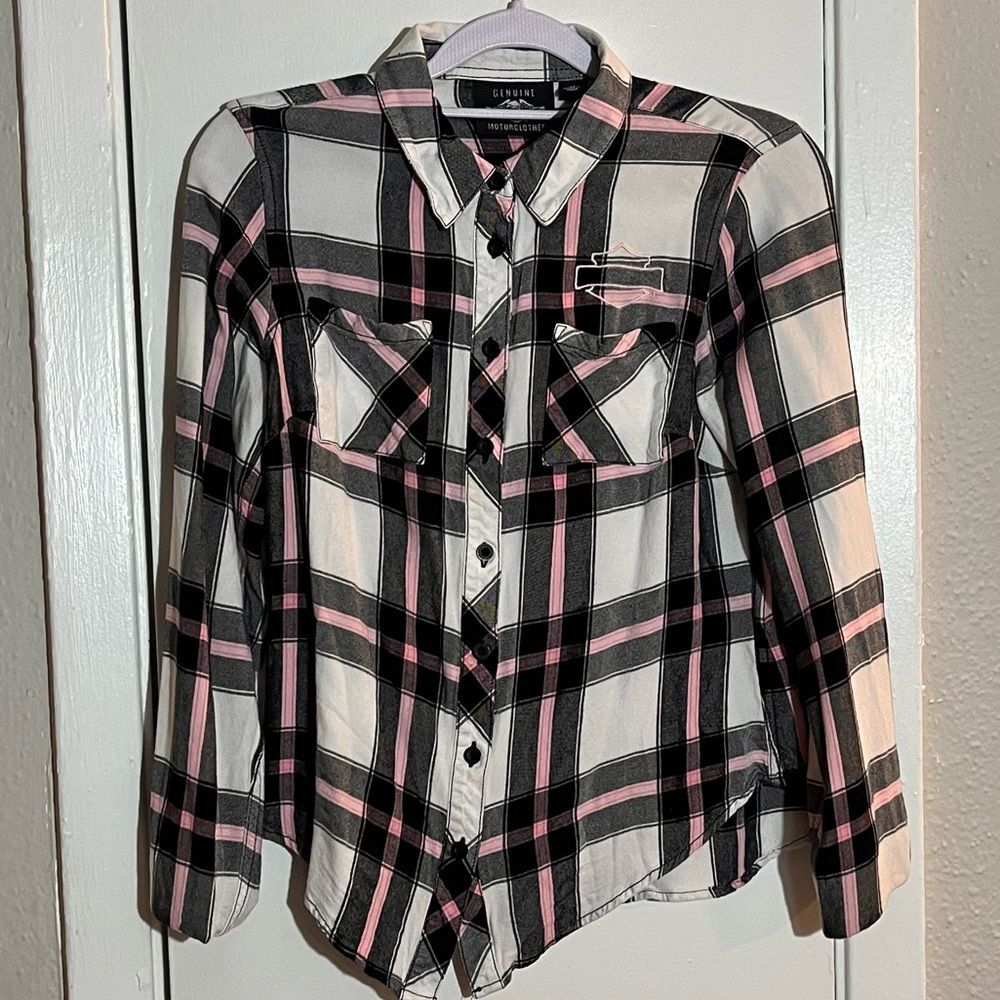 Pink Women’s Harley Davidson Long Sleeve Plaid Button Up Shirt SZ XS